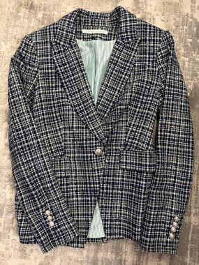 Veronica Beard Navy, Green & White Plaid Dickey Jacket with Silver  Buttons